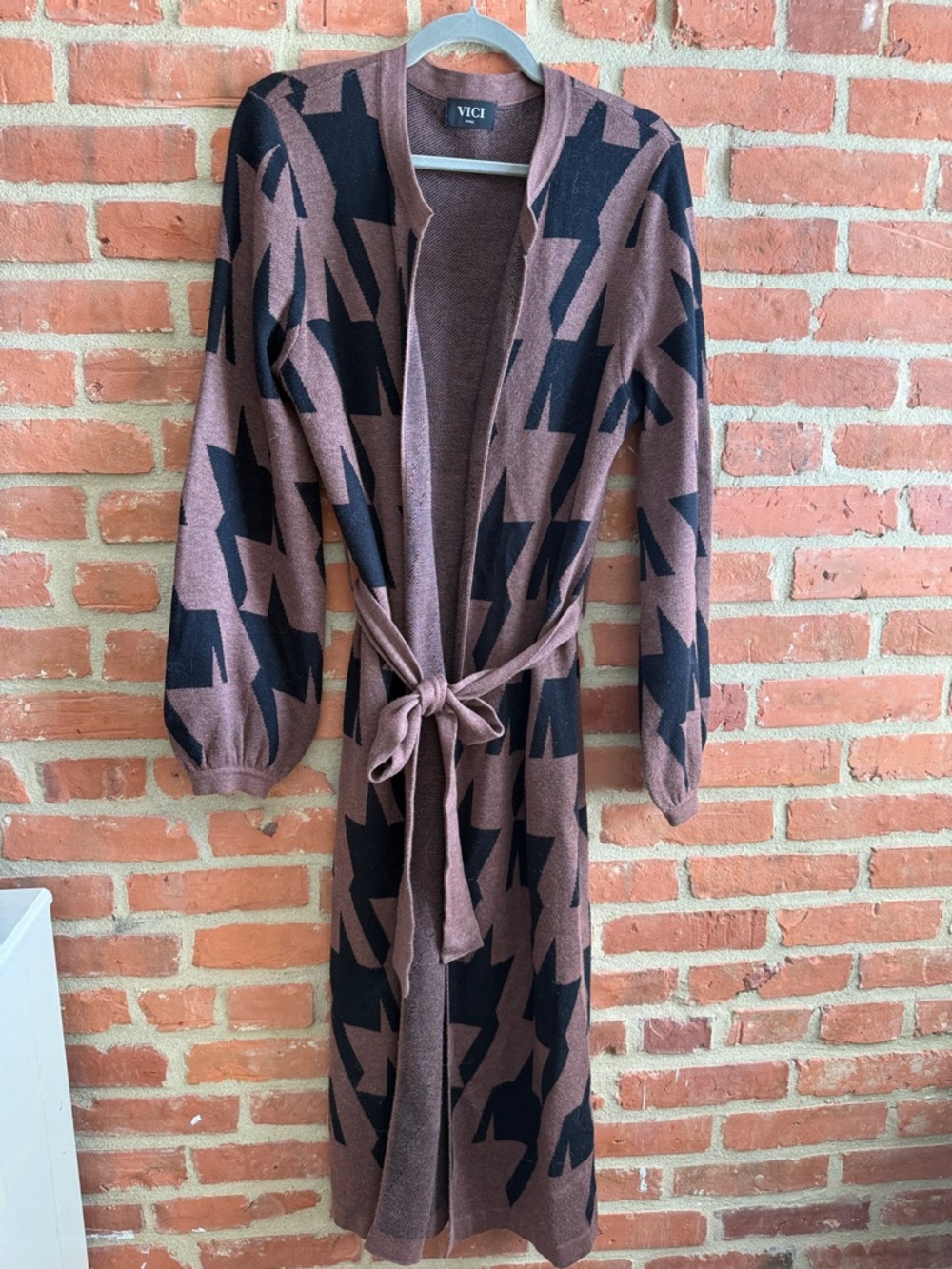 VICI Brown and Black Geometric Long Belted Cardigan